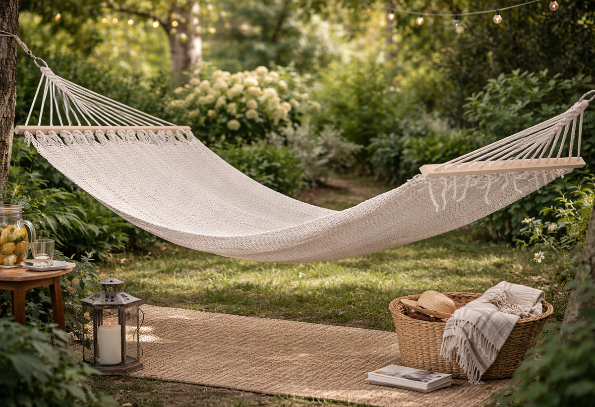 Απεικονίζεται η αιώρα τοποθετημένη σε εξωτερικό χώρο.